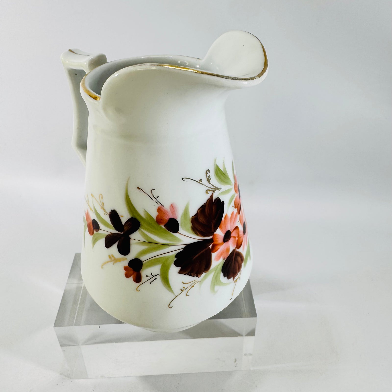 Orange Brown Floral Ceramic Creamer Mid Century Gold Trim