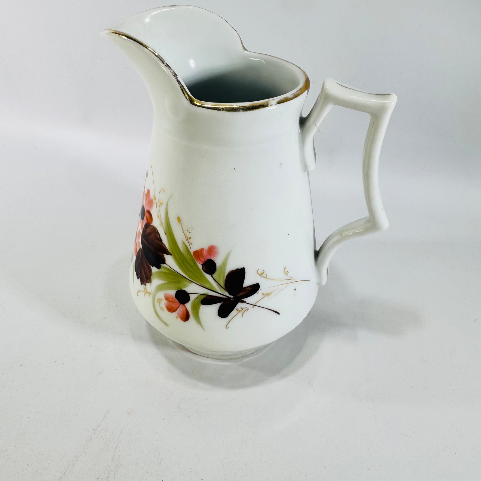 Orange Brown Floral Ceramic Creamer Mid Century Gold Trim