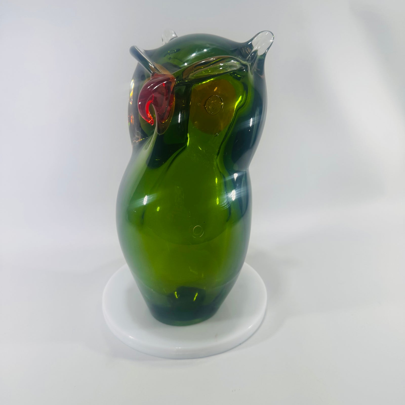 Vintage Murano Style Art Glass Owl, Handblown Green Owl Figurine, Mid Century Italian Glass, Bookshelf Library Decor