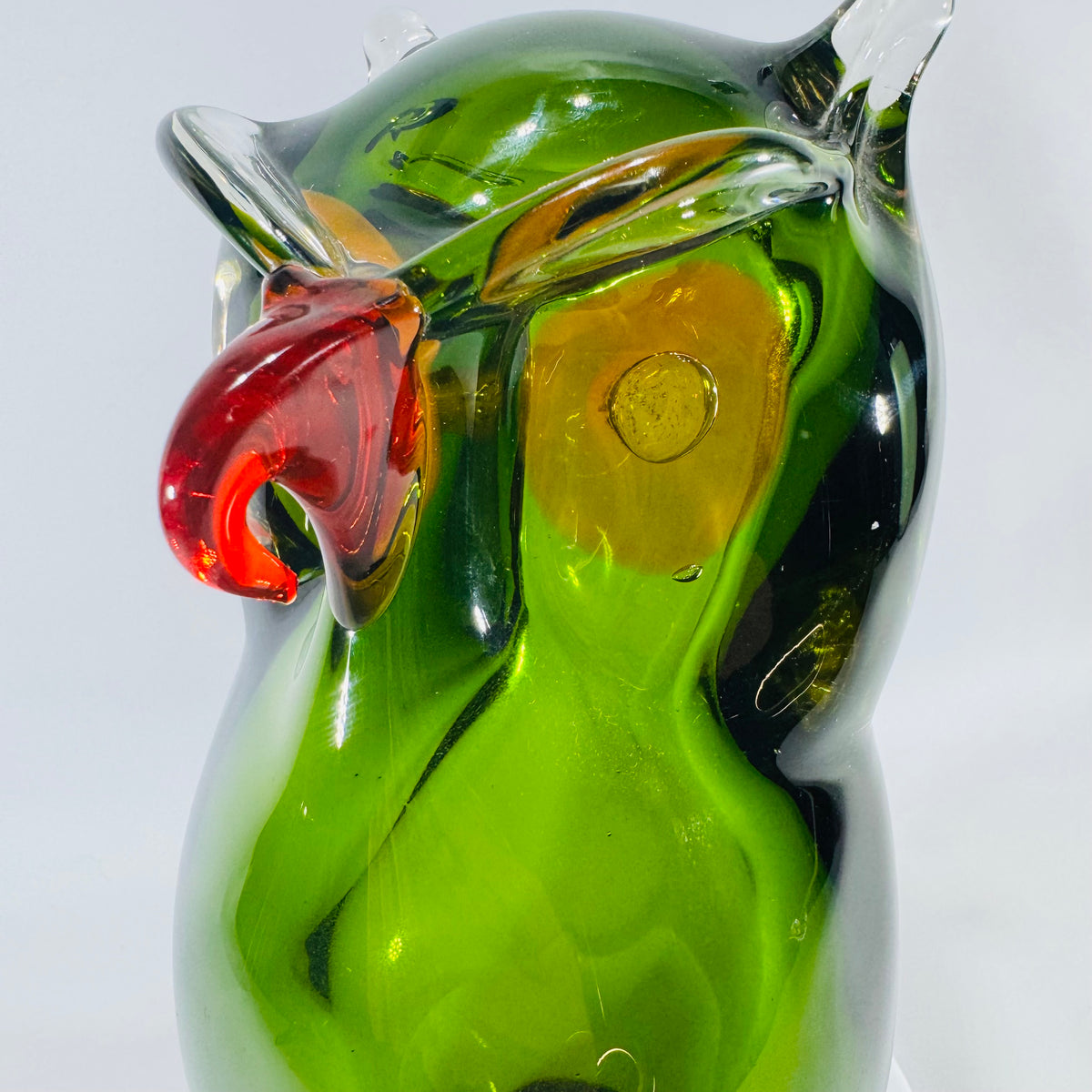 Vintage Murano Style Art Glass Owl, Handblown Green Owl Figurine, Mid Century Italian Glass, Bookshelf Library Decor