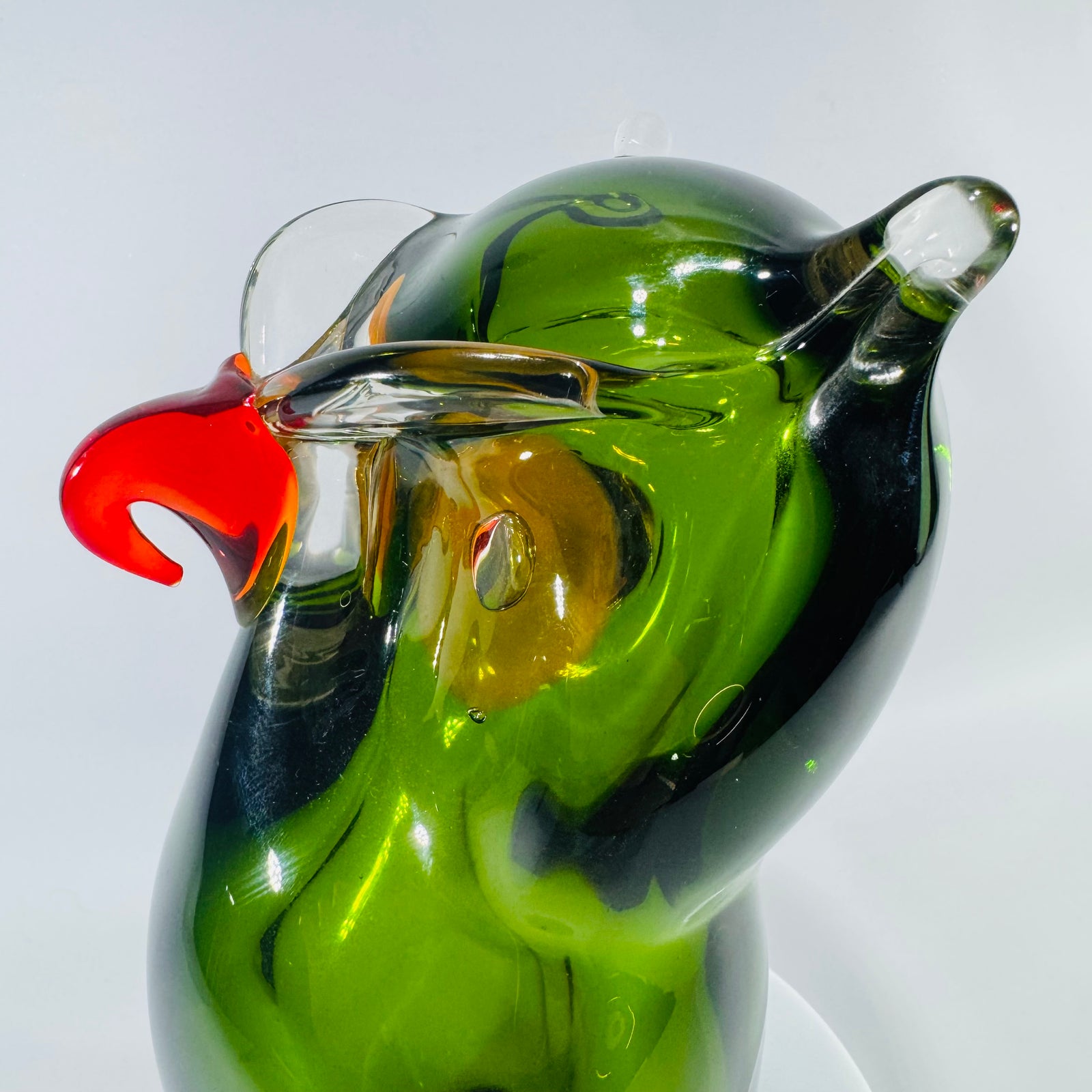 Vintage Murano Style Art Glass Owl, Handblown Green Owl Figurine, Mid Century Italian Glass, Bookshelf Library Decor
