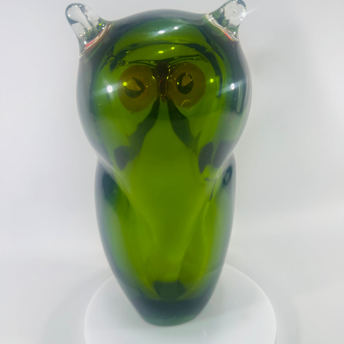 Vintage Murano Style Art Glass Owl, Handblown Green Owl Figurine, Mid Century Italian Glass, Bookshelf Library Decor