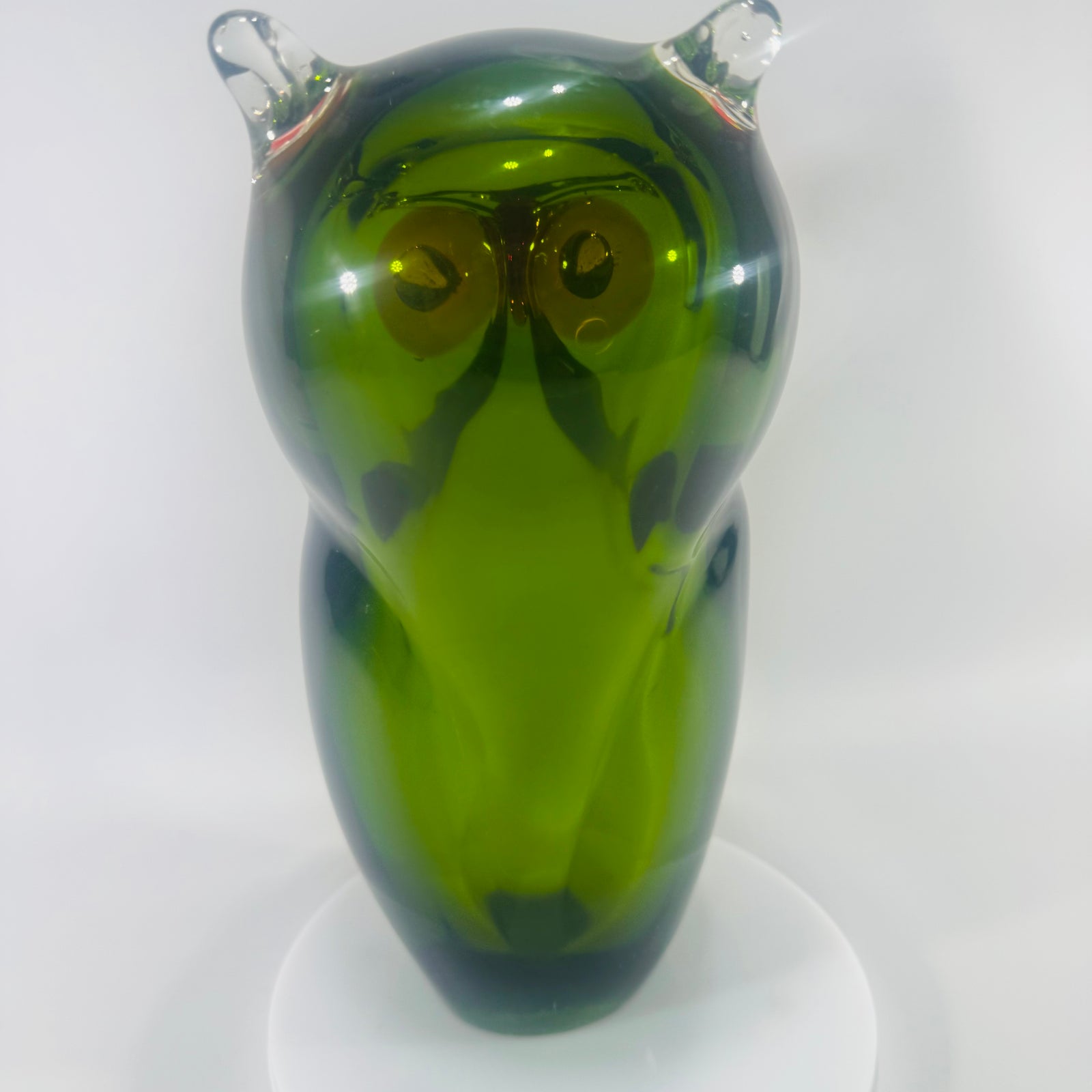 Vintage Murano Style Art Glass Owl, Handblown Green Owl Figurine, Mid Century Italian Glass, Bookshelf Library Decor