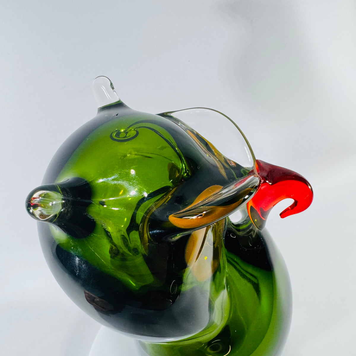 Vintage Murano Style Art Glass Owl, Handblown Green Owl Figurine, Mid Century Italian Glass, Bookshelf Library Decor