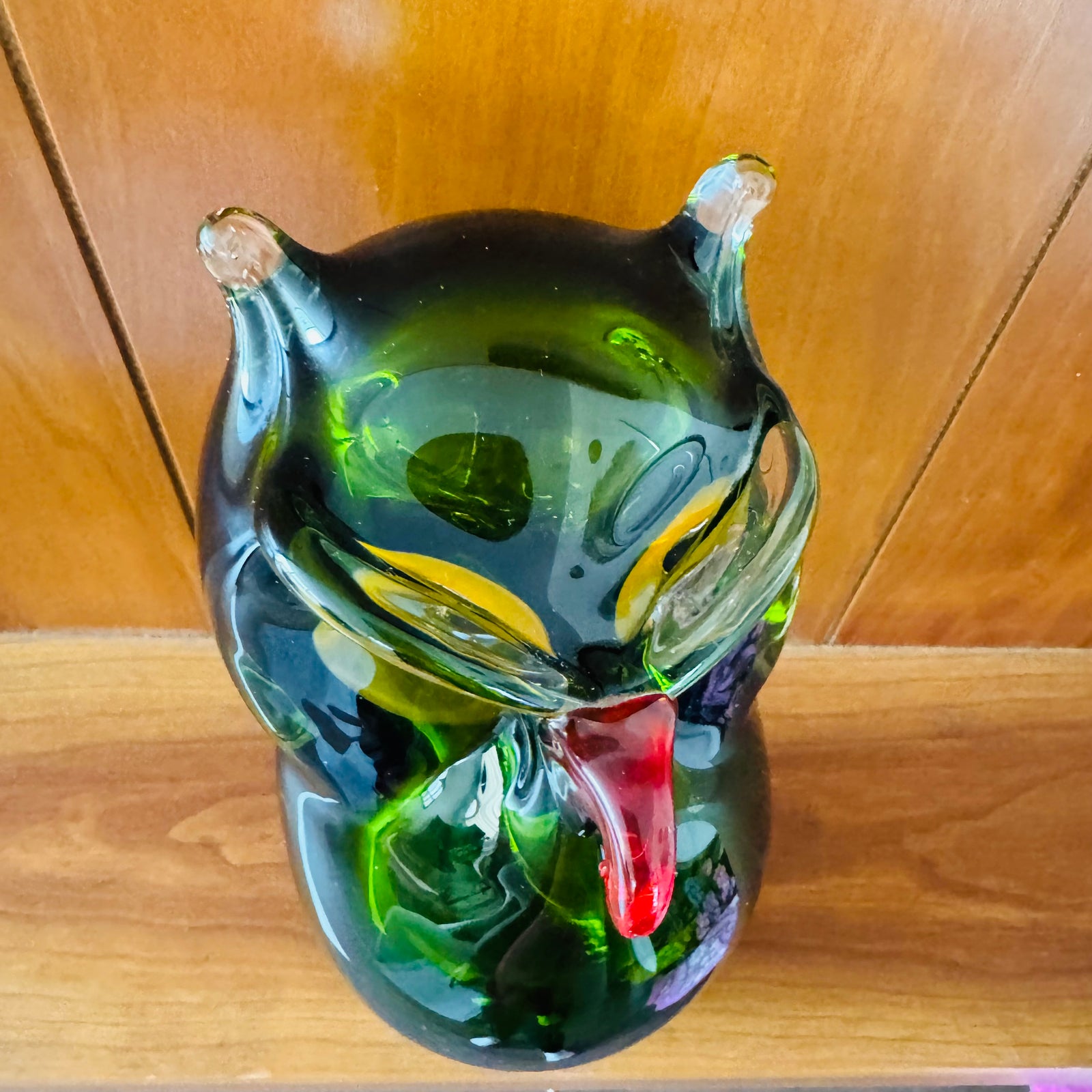 Vintage Murano Style Art Glass Owl, Handblown Green Owl Figurine, Mid Century Italian Glass, Bookshelf Library Decor