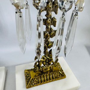 Victorian Girandole Candlesticks Pair with Crystal Prisms and Marble