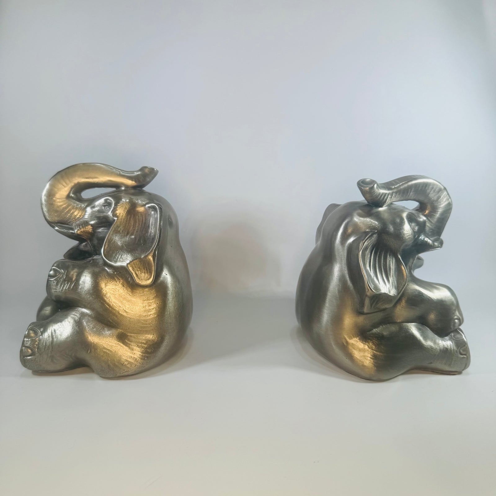 Vintage Elephant Bookends Pair PM Craftsman Philadelphia Manufacturing Pewter Finish Sitting Elephant Bookends Library Decor