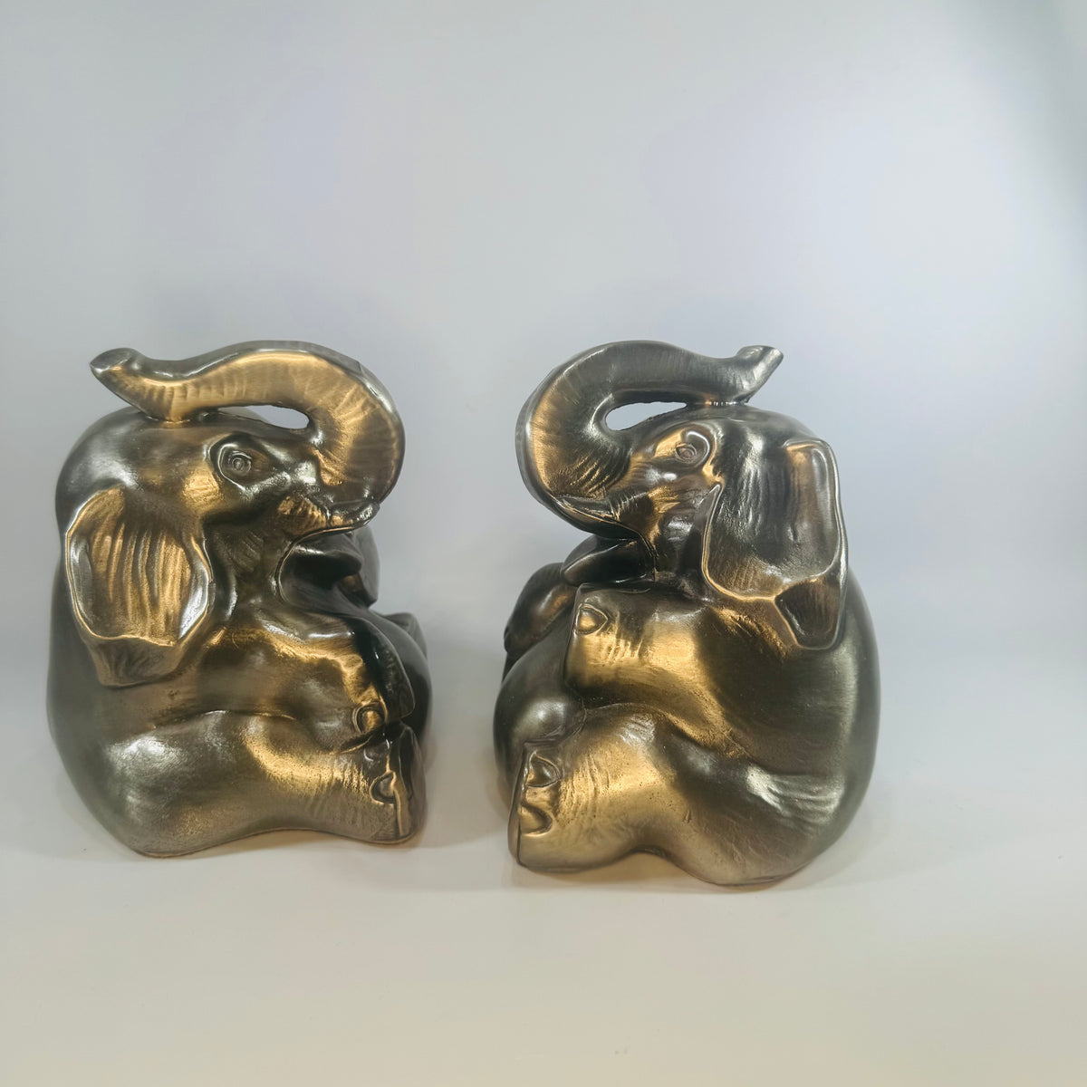 Vintage Elephant Bookends Pair PM Craftsman Philadelphia Manufacturing Pewter Finish Sitting Elephant Bookends Library Decor