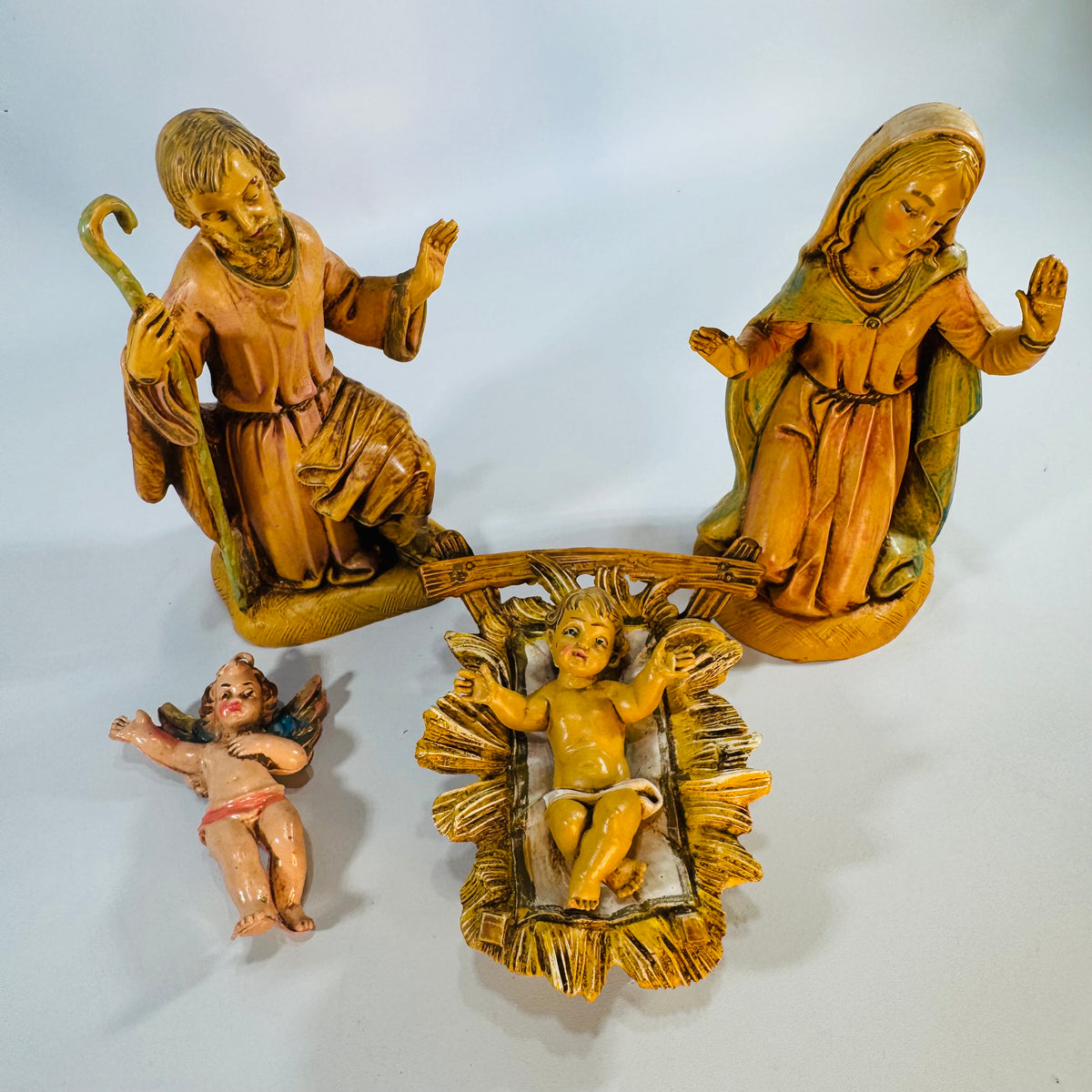 Vintage Fontanini Depose Italy Nativity Set, Holy Family with Angel, 1980s Italian Nativity Figurines, Christmas Creche Decor