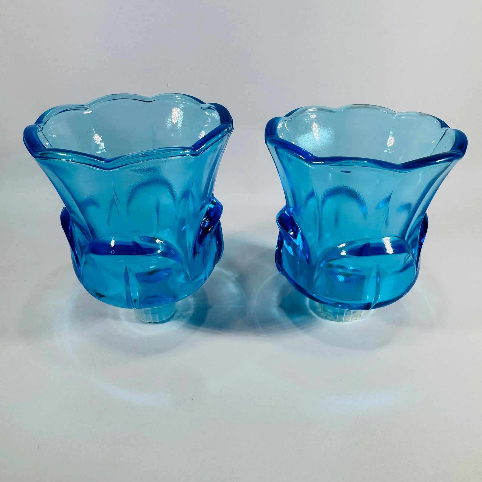 Pair Homco Blue Glass Peg Votive Holders Mid Century Lotus Tulip Candle Cups Cerulean Sky Blue Sconce Inserts