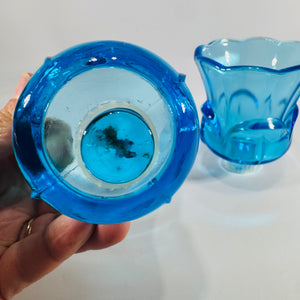 Pair Homco Blue Glass Peg Votive Holders Mid Century Lotus Tulip Candle Cups Cerulean Sky Blue Sconce Inserts
