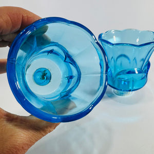 Pair Homco Blue Glass Peg Votive Holders Mid Century Lotus Tulip Candle Cups Cerulean Sky Blue Sconce Inserts