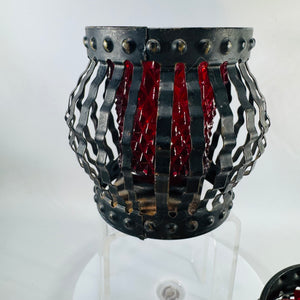Vintage Black Metal Cage Candle Holders Pair Red Votive Inserts MCM Brutalist Gothic Decor