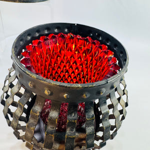 Vintage Black Metal Cage Candle Holders Pair Red Votive Inserts MCM Brutalist Gothic Decor