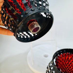 Vintage Black Metal Cage Candle Holders Pair Red Votive Inserts MCM Brutalist Gothic Decor