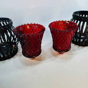 Vintage Black Metal Cage Candle Holders Pair Red Votive Inserts MCM Brutalist Gothic Decor
