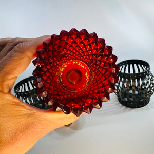 Vintage Black Metal Cage Candle Holders Pair Red Votive Inserts MCM Brutalist Gothic Decor