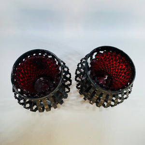 Vintage Black Metal Cage Candle Holders Pair Red Votive Inserts MCM Brutalist Gothic Decor