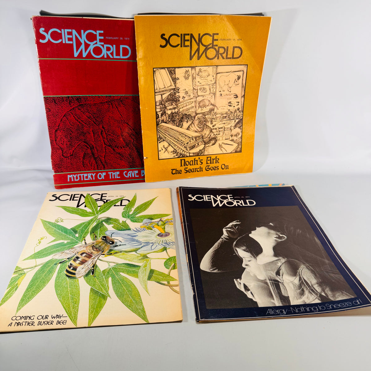 Science World (4 Issues, 1974) — Classroom Periodical | Cave Bears, Allergies, Noah’s Ark, Science Magazine Set