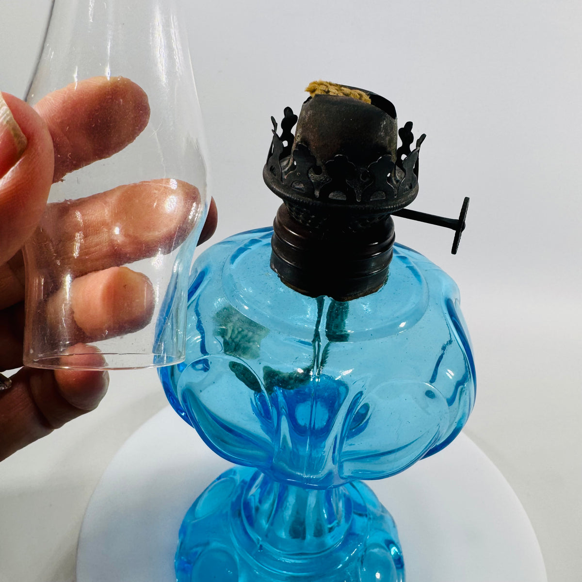 Antique Blue Miniature Kerosene Lamp w Chimney, Daisy Bullseye Glass Oil Lamp, Small Night Light,