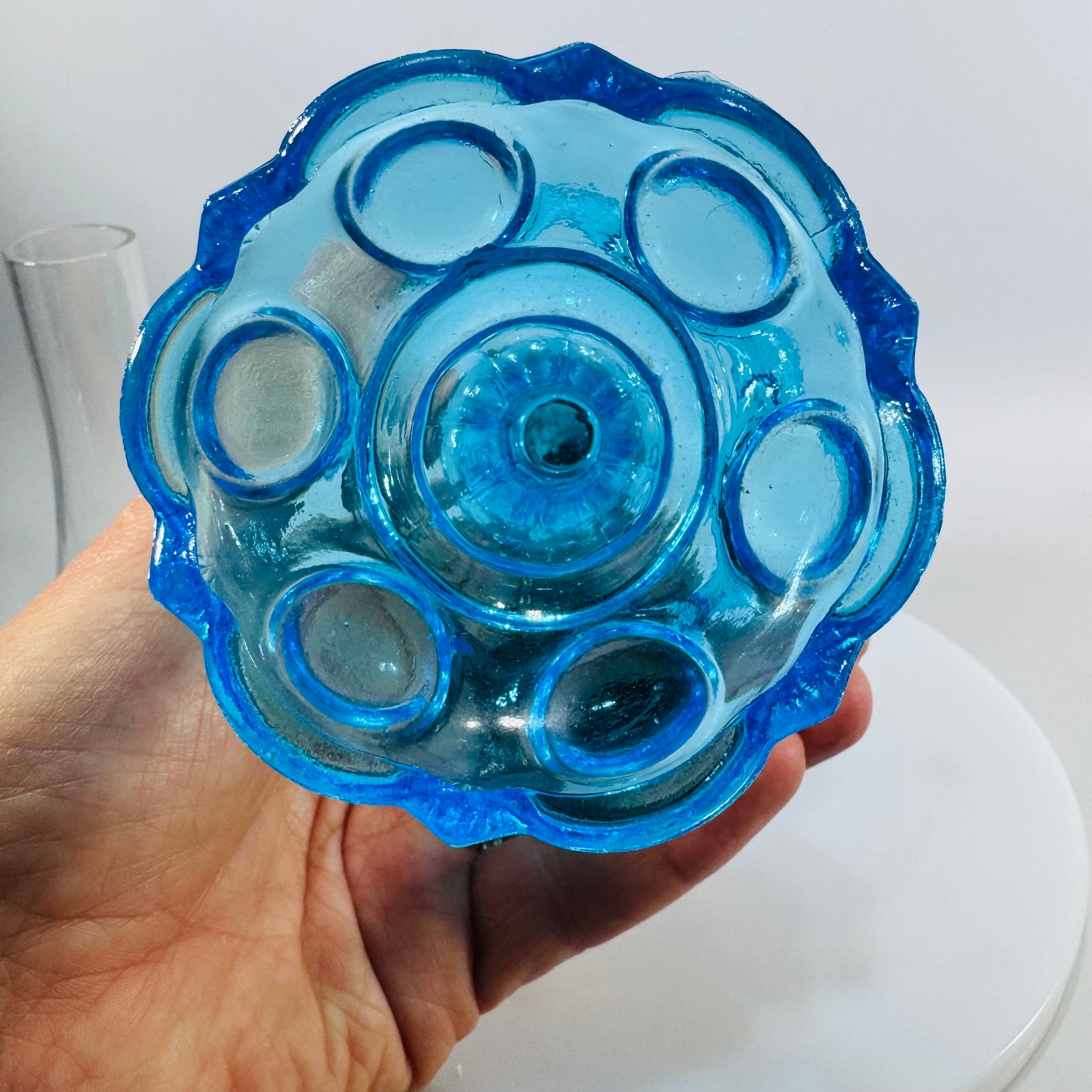 Antique Blue Miniature Kerosene Lamp w Chimney, Daisy Bullseye Glass Oil Lamp, Small Night Light,