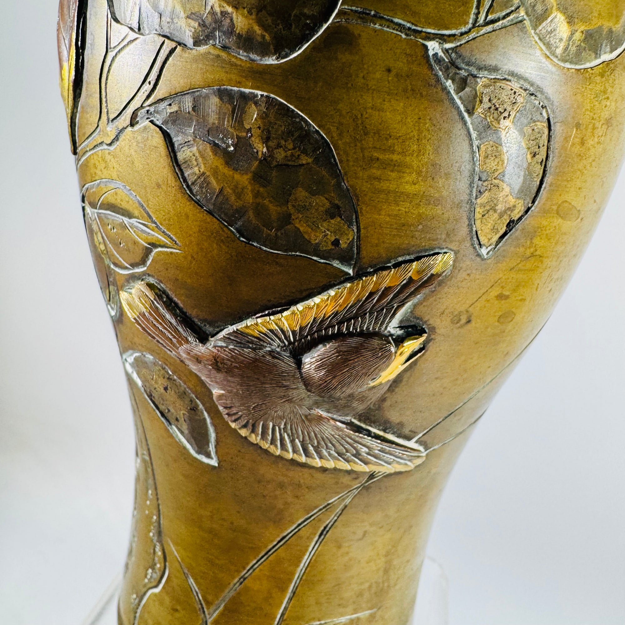 Antique Meiji Japanese Mixed Metal Bronze Vase with Bird Relief