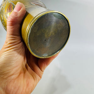 Antique Meiji Japanese Mixed Metal Bronze Vase Bird Floral Relief 7” Kacho-ga Art Metal Vase