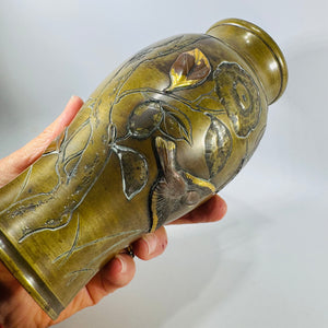 Antique Meiji Japanese Mixed Metal Bronze Vase Bird Floral Relief 7” Kacho-ga Art Metal Vase