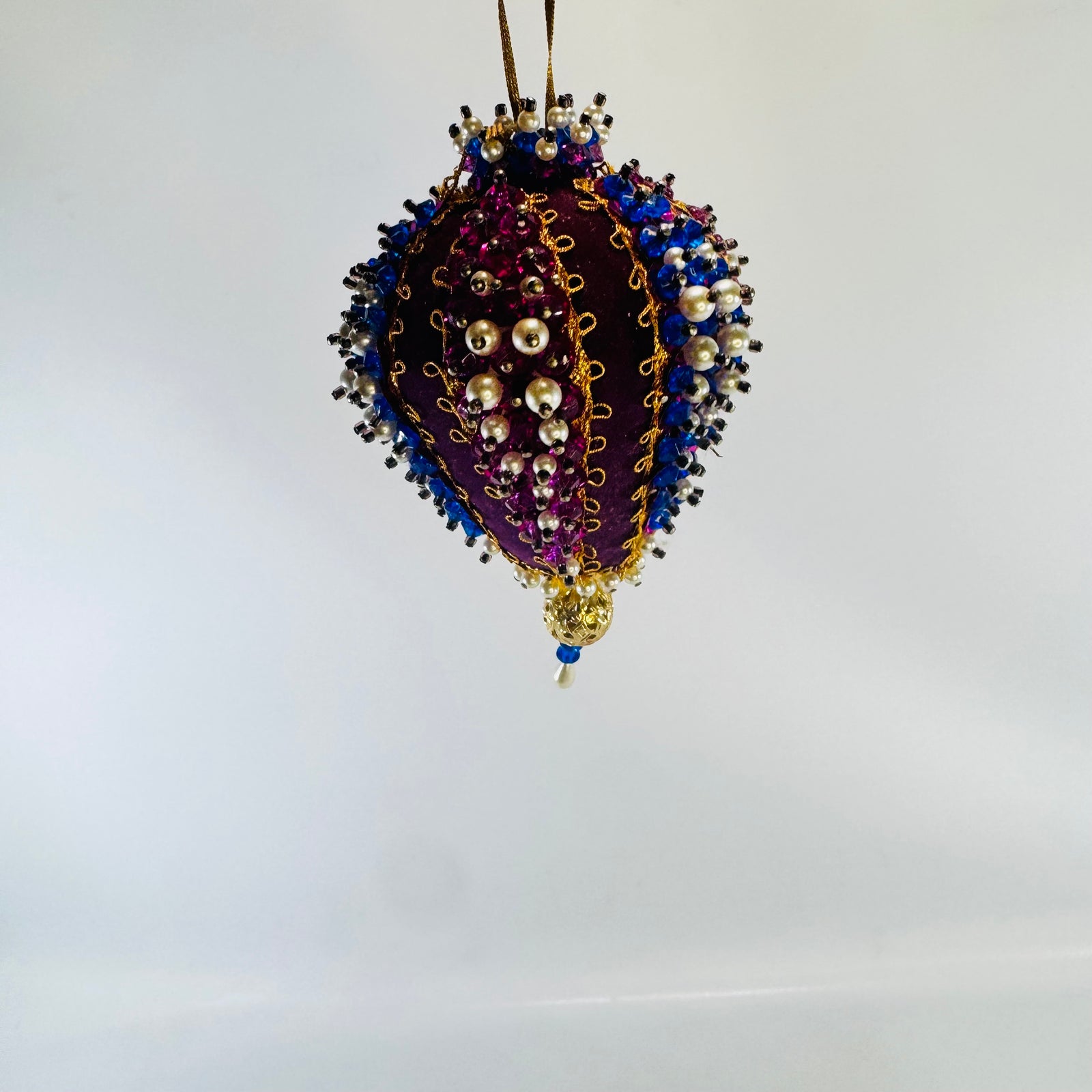Beaded Velvet Teardrop Ornament Handmade Purple Blue Faux Pearl Holiday Decor