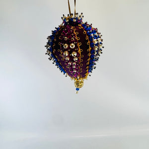 Beaded Velvet Teardrop Ornament Handmade Purple Blue Faux Pearl Holiday Decor