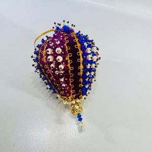 Beaded Velvet Teardrop Ornament Handmade Purple Blue Faux Pearl Holiday Decor