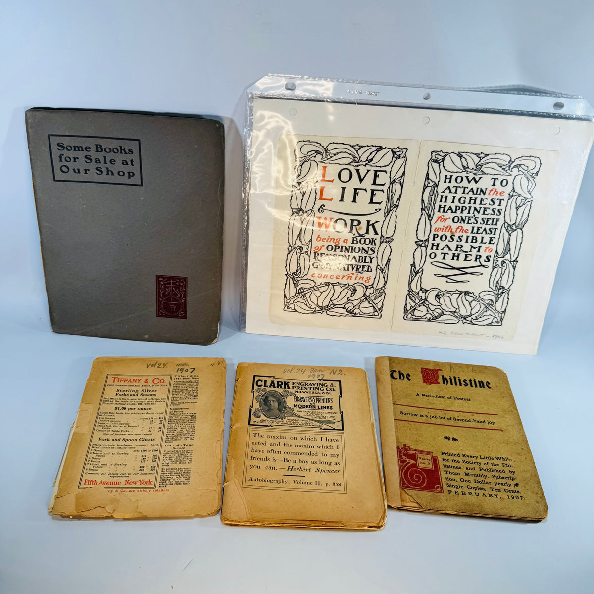 1907 Roycroft Arts &amp; Crafts + Tiffany Ephemera Lot — Roycroft Shop Booklets, The Philistine &amp; Decorative Prints (1906–1907) — Elbert Hubbard | Arts and Crafts Paper Lot, Arts &amp; Crafts Ephemera