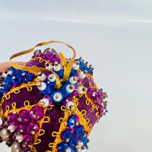 Beaded Velvet Teardrop Ornament Handmade Purple Blue Faux Pearl Holiday Decor