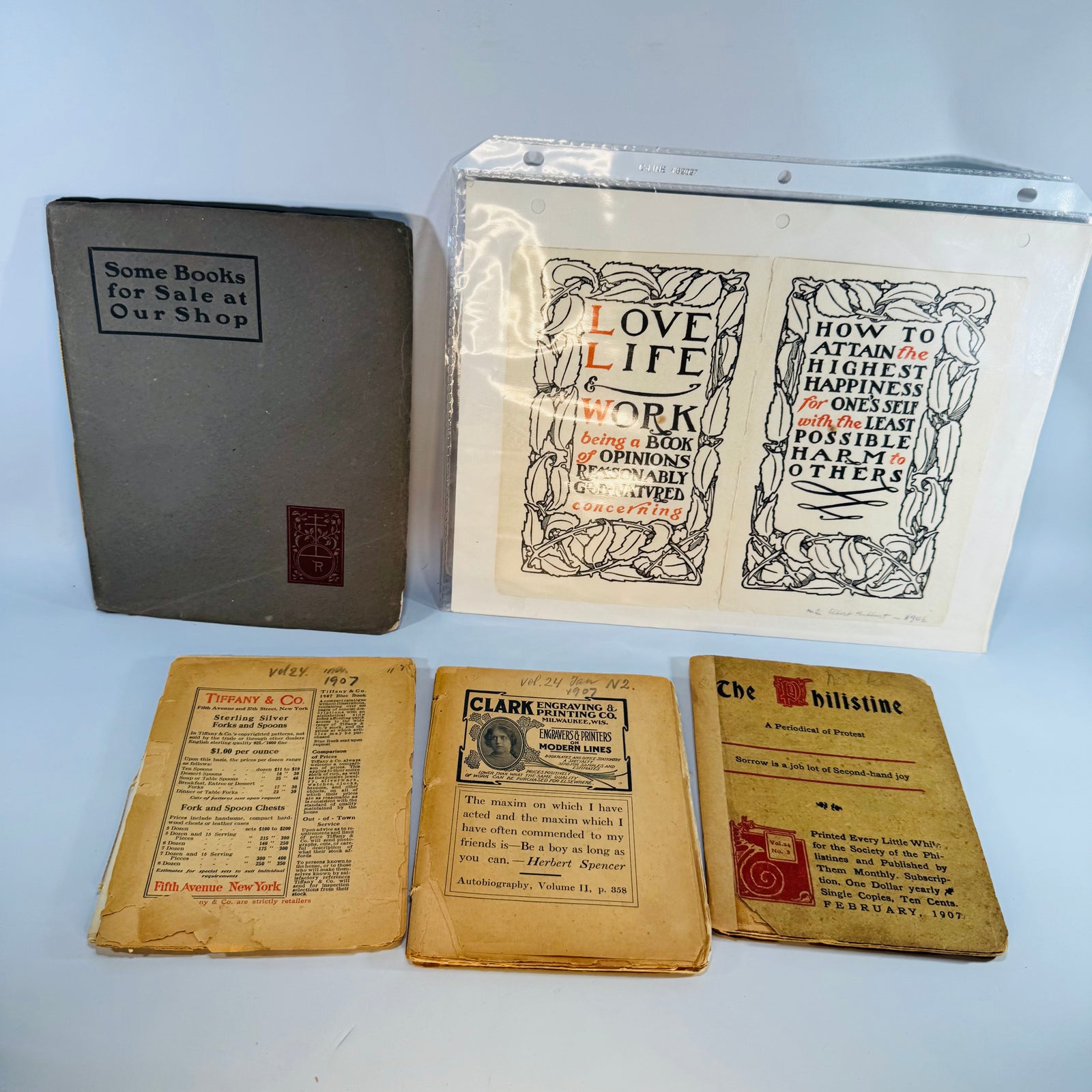 1907 Roycroft Arts & Crafts + Tiffany Ephemera Lot — Roycroft Shop Booklets, The Philistine & Decorative Prints (1906–1907) — Elbert Hubbard | Arts and Crafts Paper Lot, Arts & Crafts Ephemera