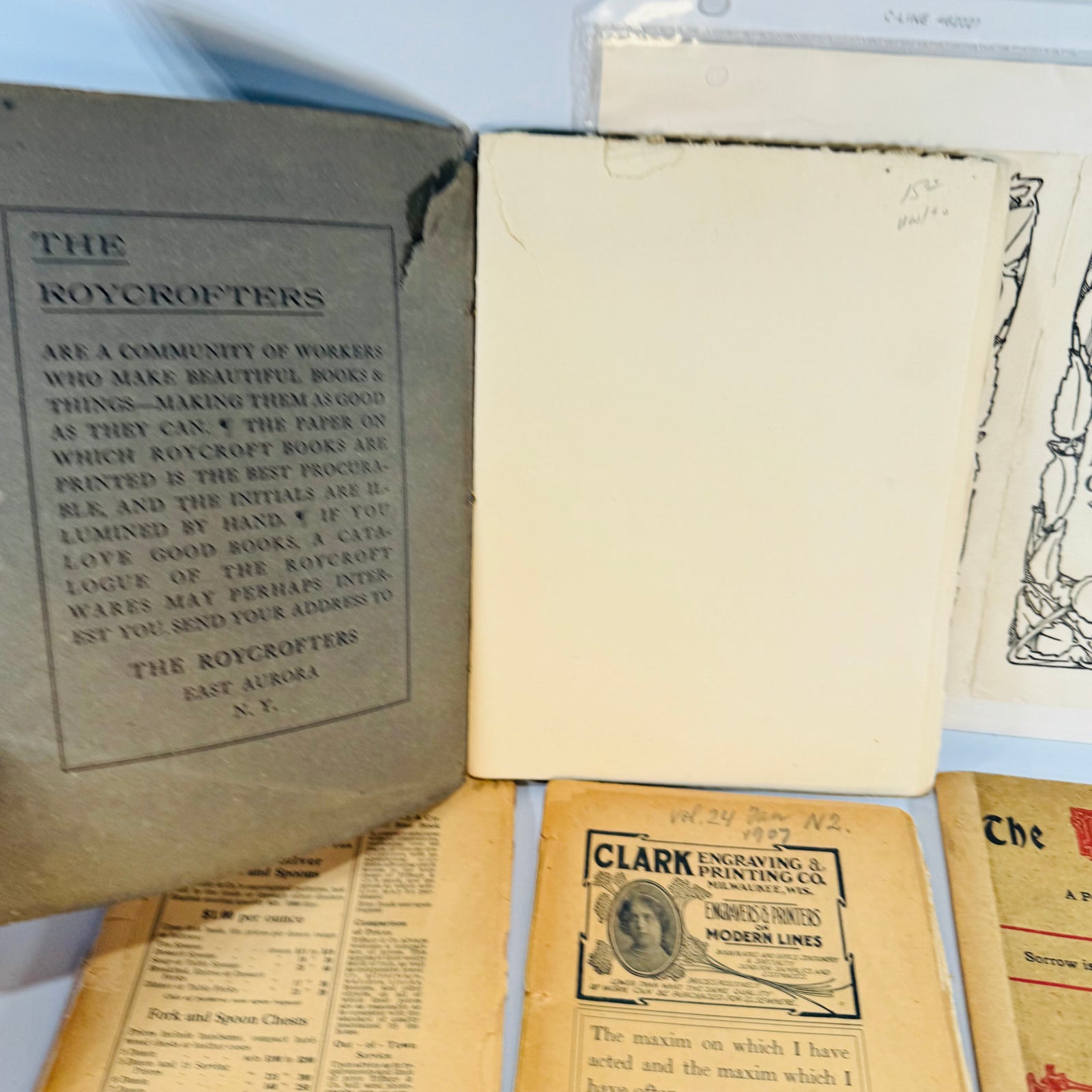 1907 Roycroft Arts & Crafts + Tiffany Ephemera Lot — Roycroft Shop Booklets, The Philistine & Decorative Prints (1906–1907) — Elbert Hubbard | Arts and Crafts Paper Lot, Arts & Crafts Ephemera