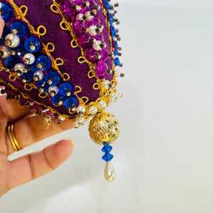 Beaded Velvet Teardrop Ornament Handmade Purple Blue Faux Pearl Holiday Decor