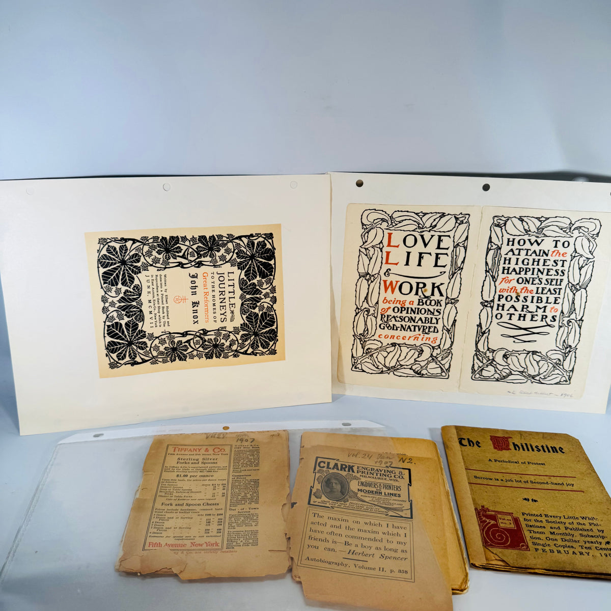 1907 Roycroft Arts & Crafts + Tiffany Ephemera Lot — Roycroft Shop Booklets, The Philistine & Decorative Prints (1906–1907) — Elbert Hubbard | Arts and Crafts Paper Lot, Arts & Crafts Ephemera