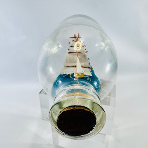 Three Mast Ship in Bottle Nautical Sailing Vessel on Wood Base