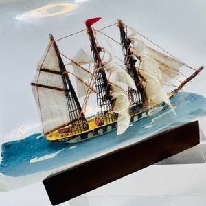 Three Mast Ship in Bottle Nautical Sailing Vessel on Wood Base