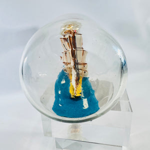 Three Mast Ship in Bottle Nautical Sailing Vessel on Wood Base