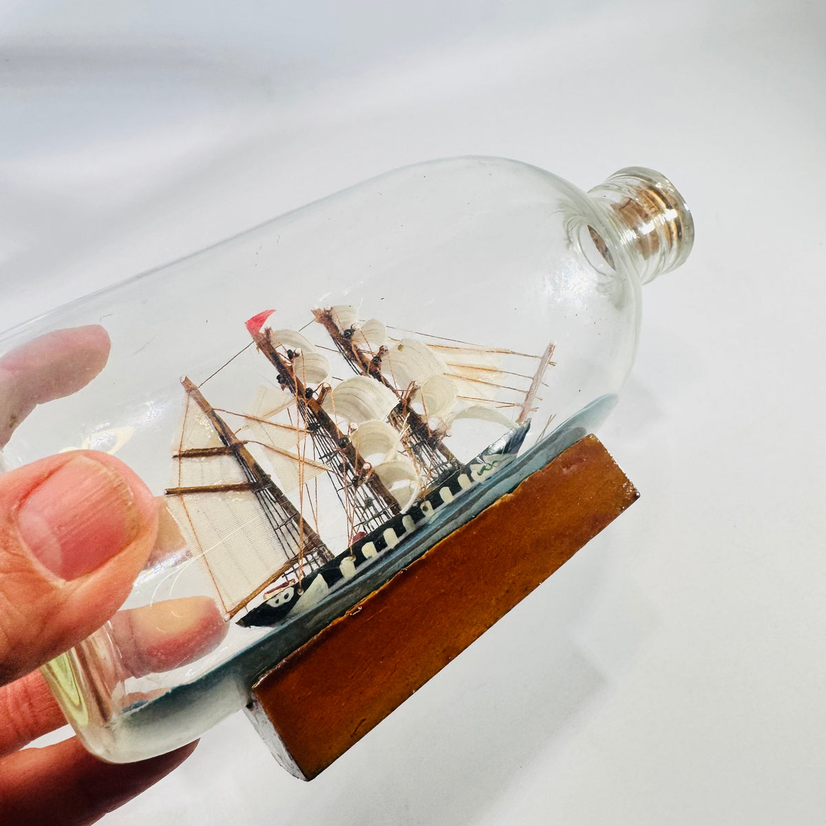 Three Mast Ship in Bottle Nautical Sailing Vessel on Wood Base