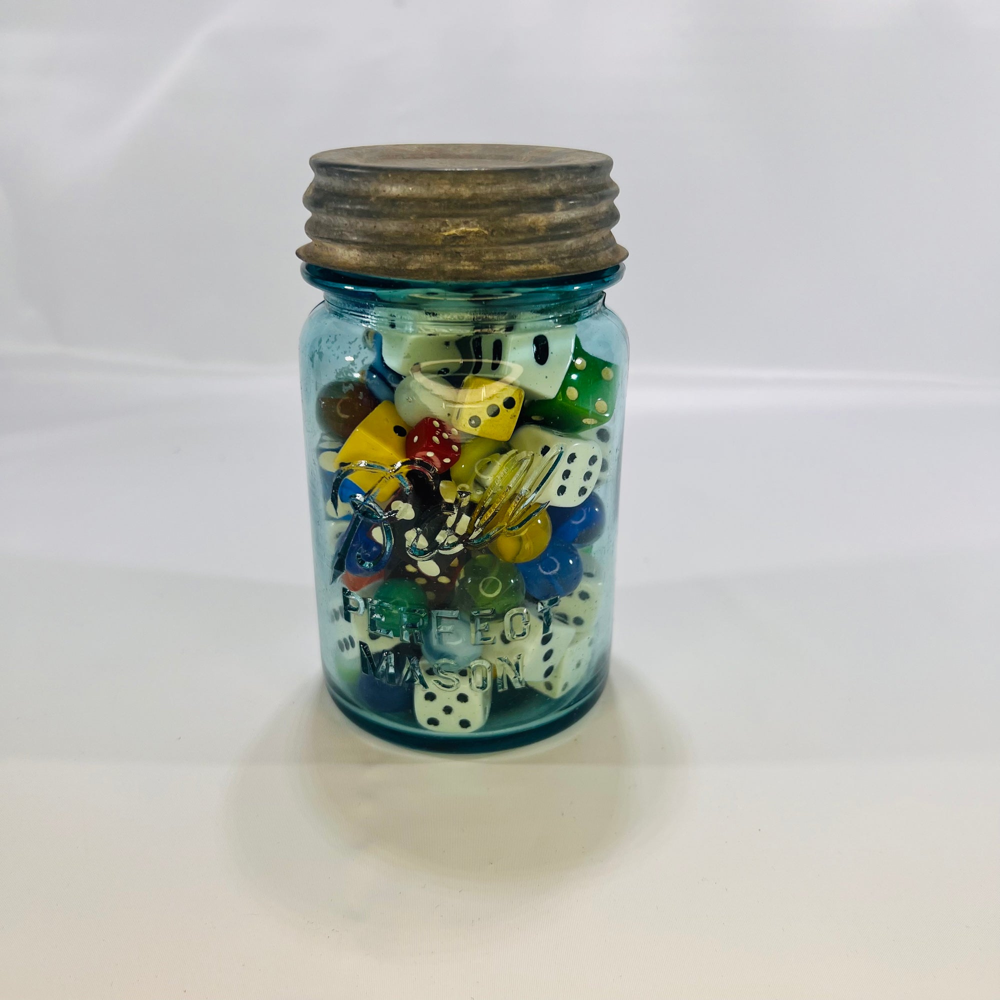 Blue Ball Perfect Pint Mason Jar with Zinc Lid filled with Vintage Casino Dice Board Game Dice of all Sizes Colorful Marbles Vintage Decor