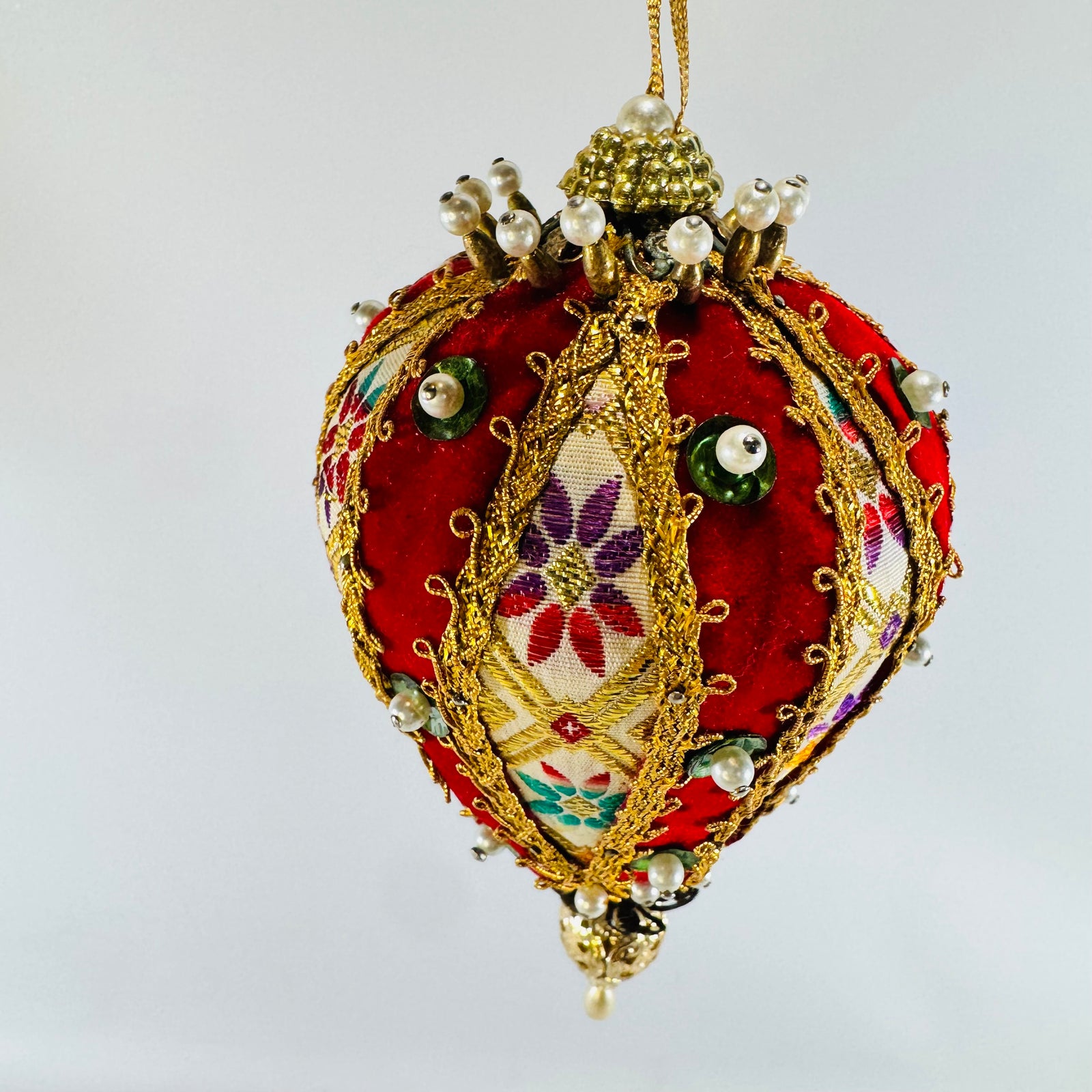 Handmade Red Velvet Jeweled Egg Ornament with Gold Trim and Pearl Beads