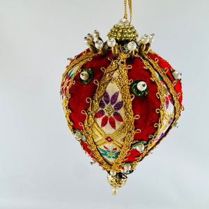 Handmade Red Velvet Jeweled Egg Ornament with Gold Trim and Pearl Beads