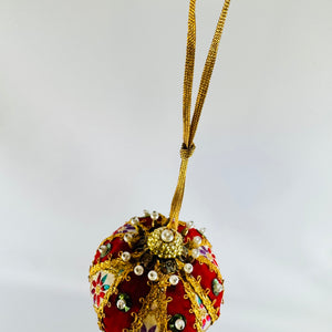Handmade Red Velvet Jeweled Egg Ornament with Gold Trim and Pearl Beads