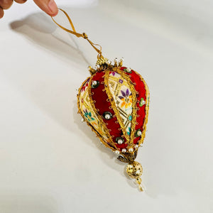 Handmade Red Velvet Jeweled Egg Ornament with Gold Trim and Pearl Beads