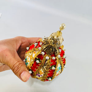 Handmade Red Velvet Jeweled Egg Ornament with Gold Trim and Pearl Beads