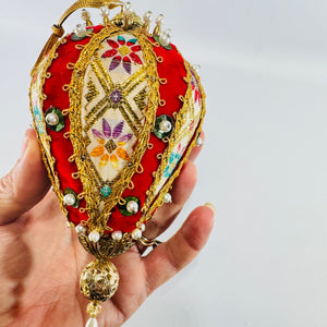 Handmade Red Velvet Jeweled Egg Ornament with Gold Trim and Pearl Beads