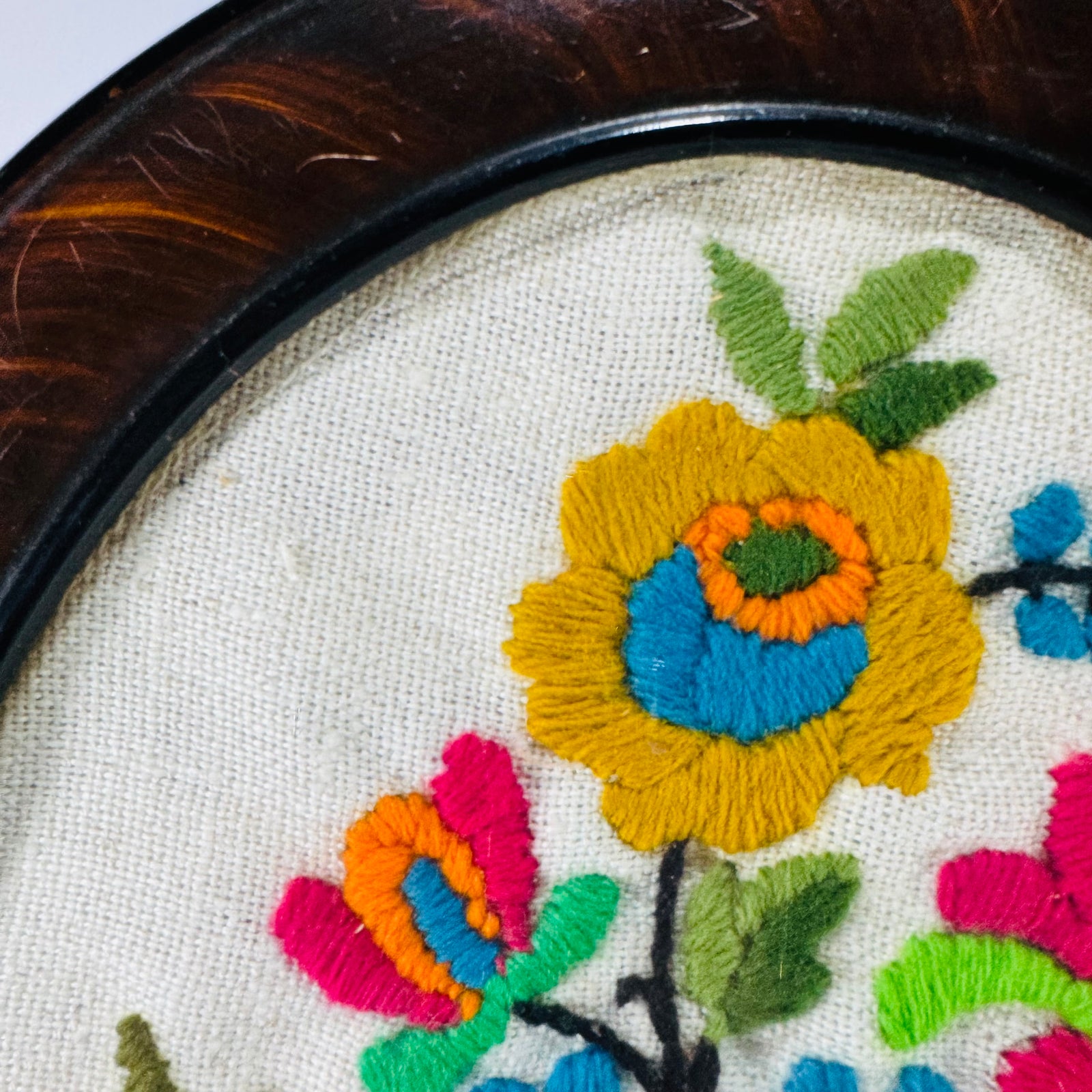 Vintage 1970s Crewel Embroidery Floral Wall Art Oval Frame Pennsylvania Dutch Style Spring Bouquet Needlework