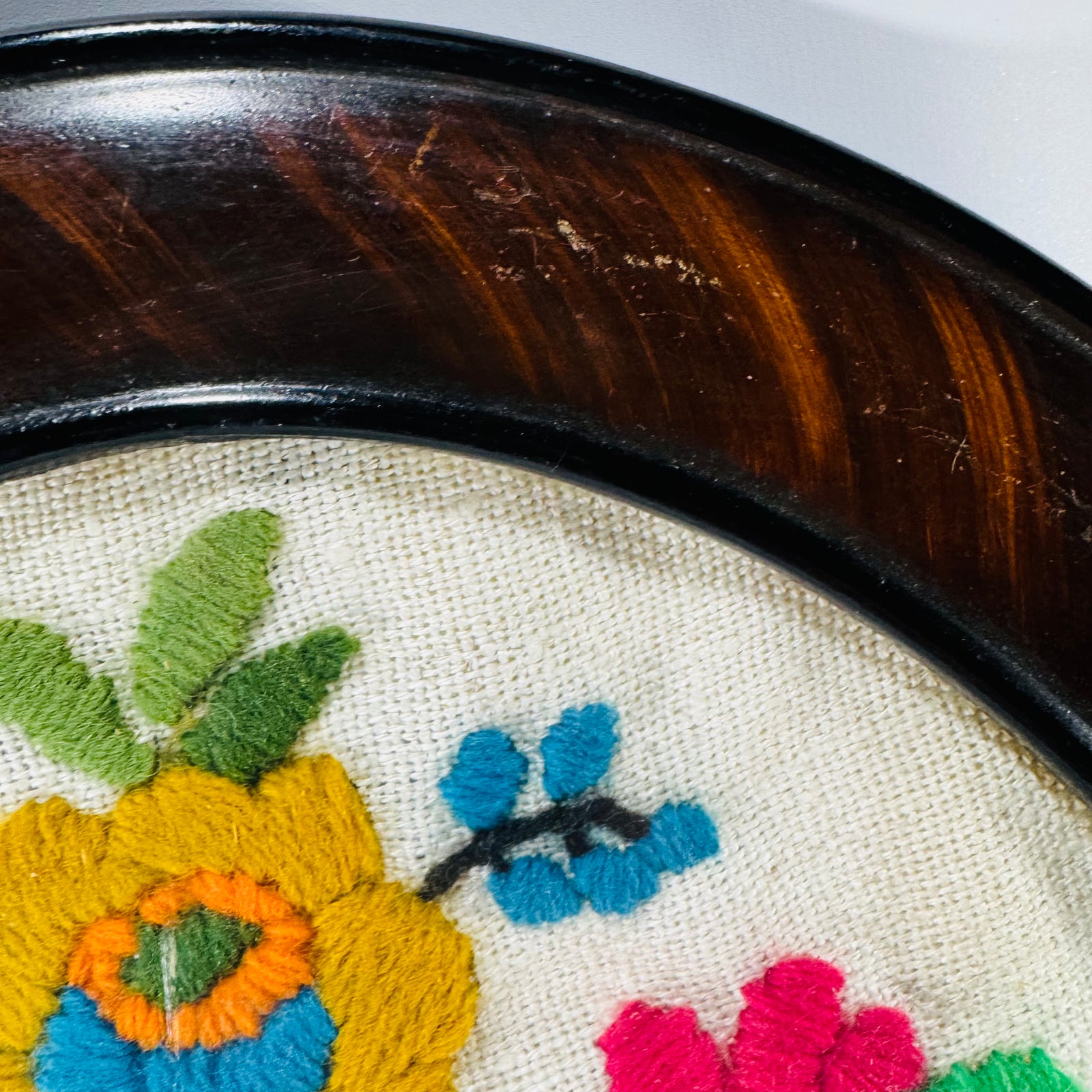 Vintage 1970s Crewel Embroidery Floral Wall Art Oval Frame Pennsylvania Dutch Style Spring Bouquet Needlework